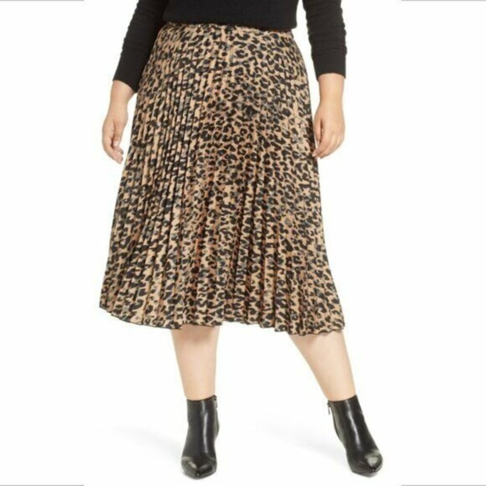 Halogen Animal Print Pleated Elastic Waist Midi Skirt leopard print SZ 1 New